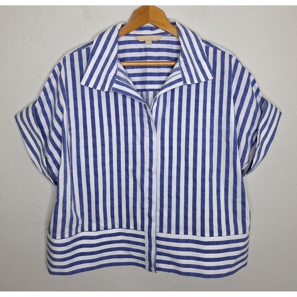 Hope & Harlow Striped Boxy Top Short Sleeve Blue White USA Coastal Women's XL